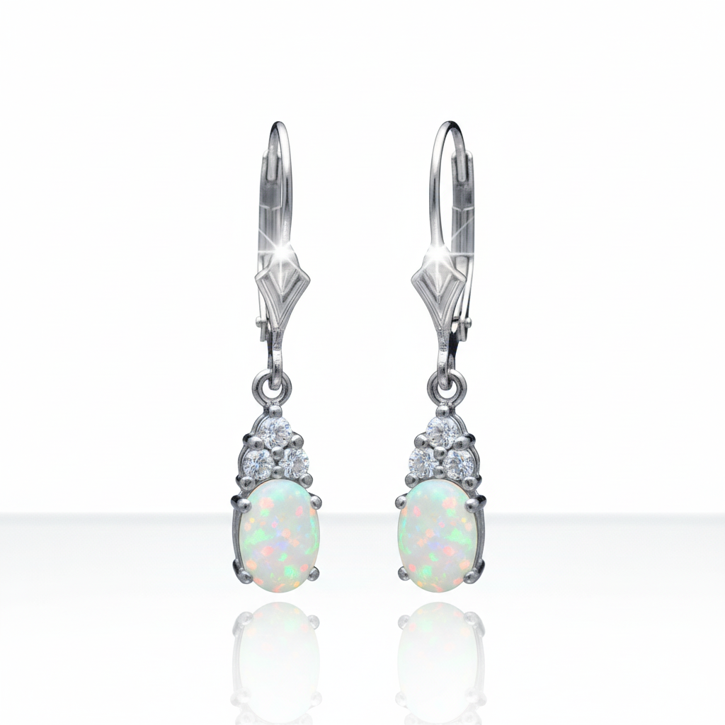 Sterling Silver Rhodium Plated Australian Opal, White Topaz Drop Earrings, 5x7mm Stone, 28mm Length