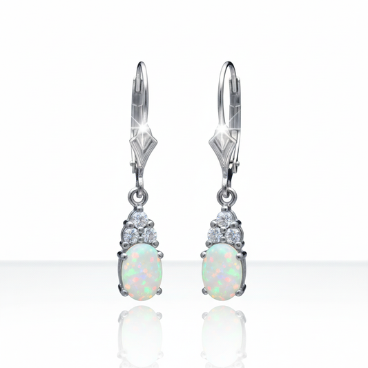 Sterling Silver Rhodium Plated Australian Opal, White Topaz Drop Earrings, 5x7mm Stone, 28mm Length