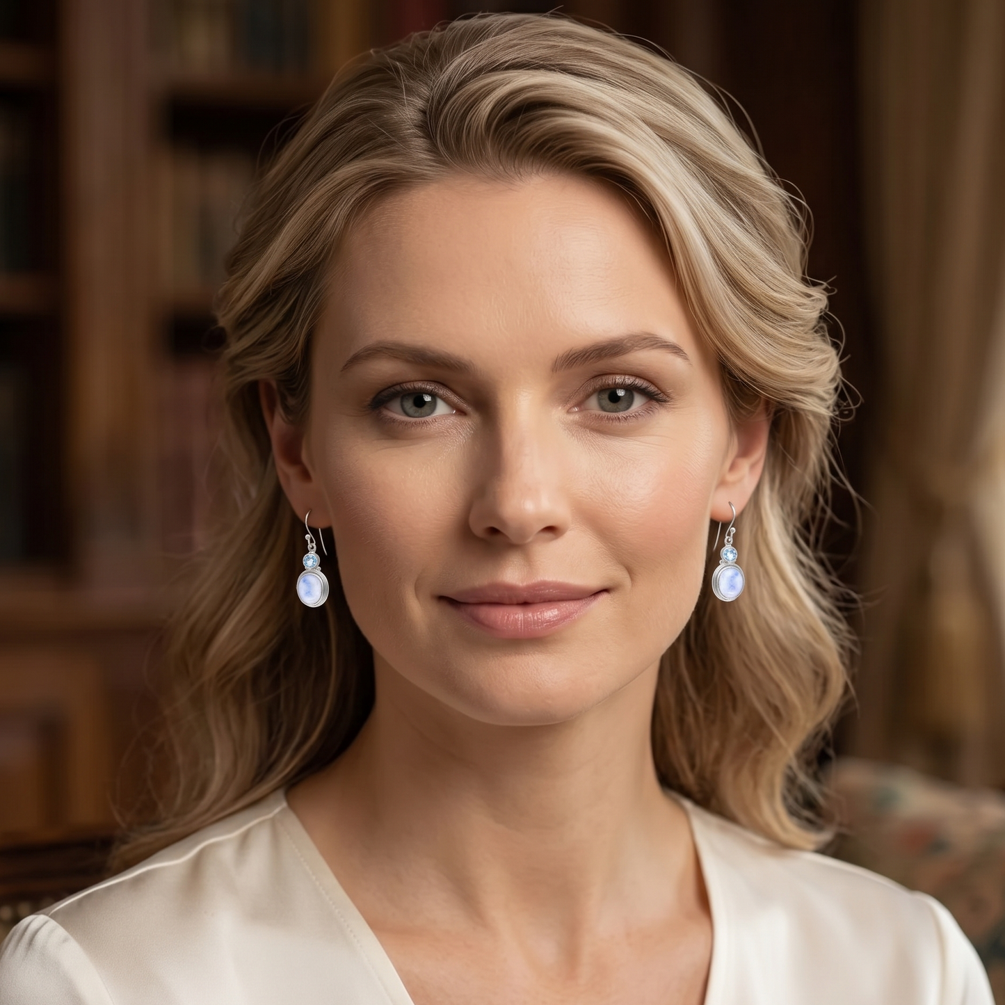 Woman wearing earrings with a blurred background