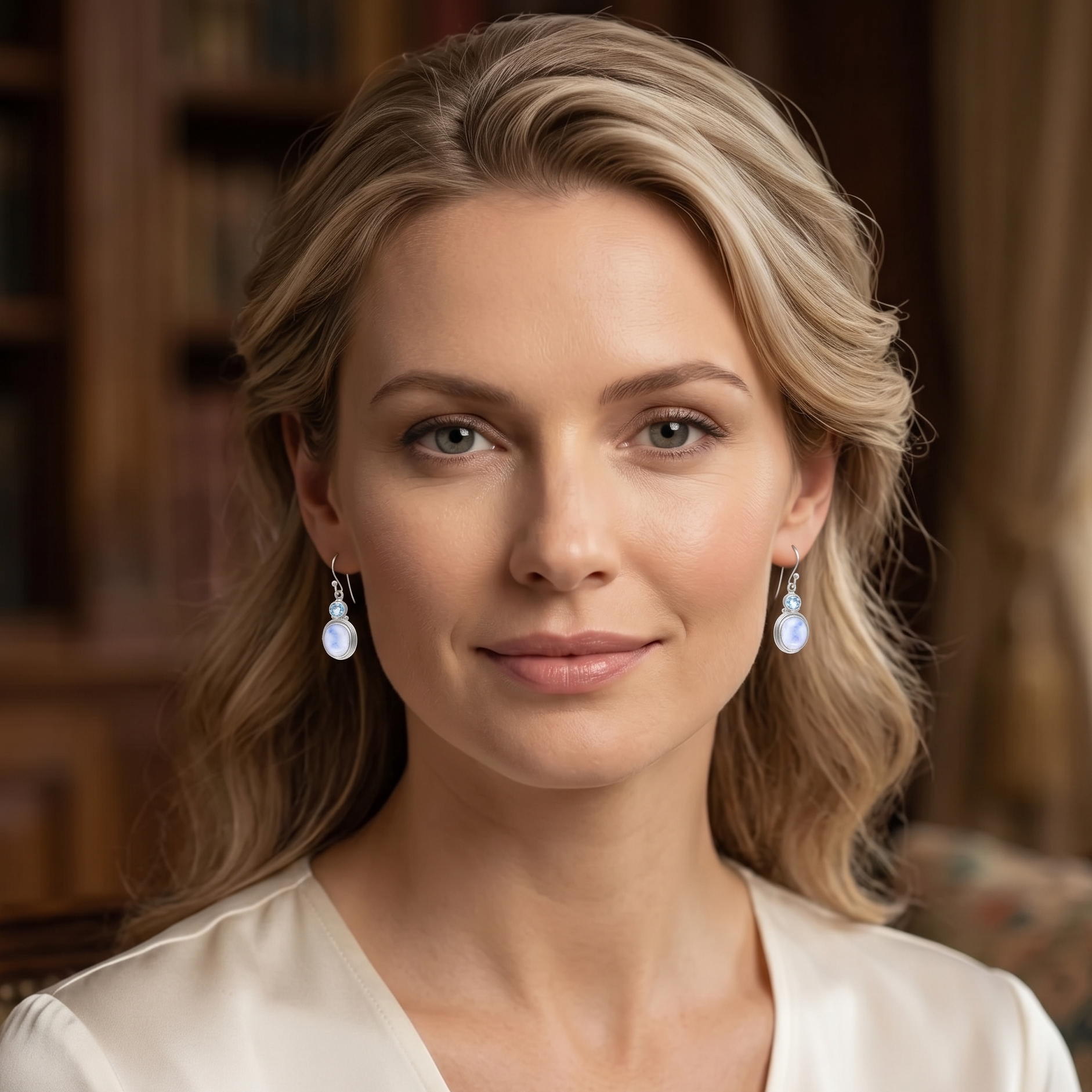 Woman wearing earrings with a blurred background