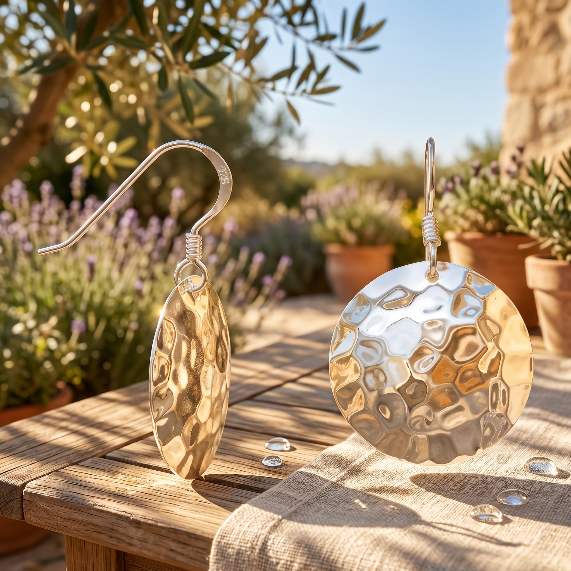 Gold earrings on a wooden table with outdoor background