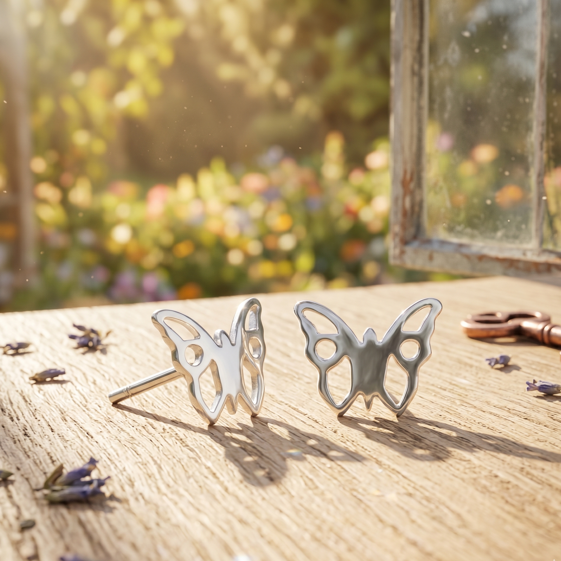 Butterfly-shaped earrings on a wooden surface with a blurred natural background