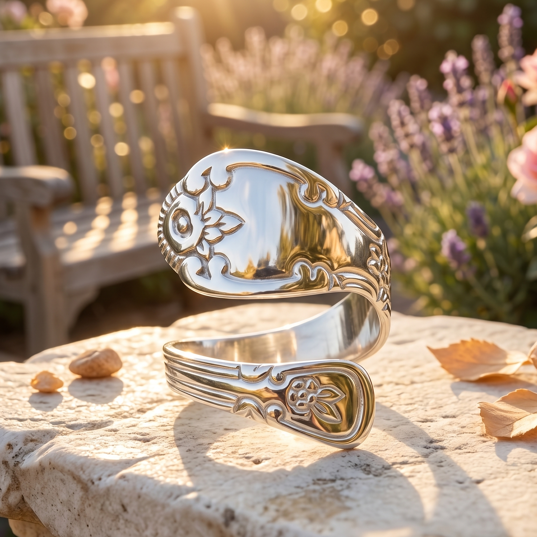 Silver and gold bracelet on a stone surface with a garden background