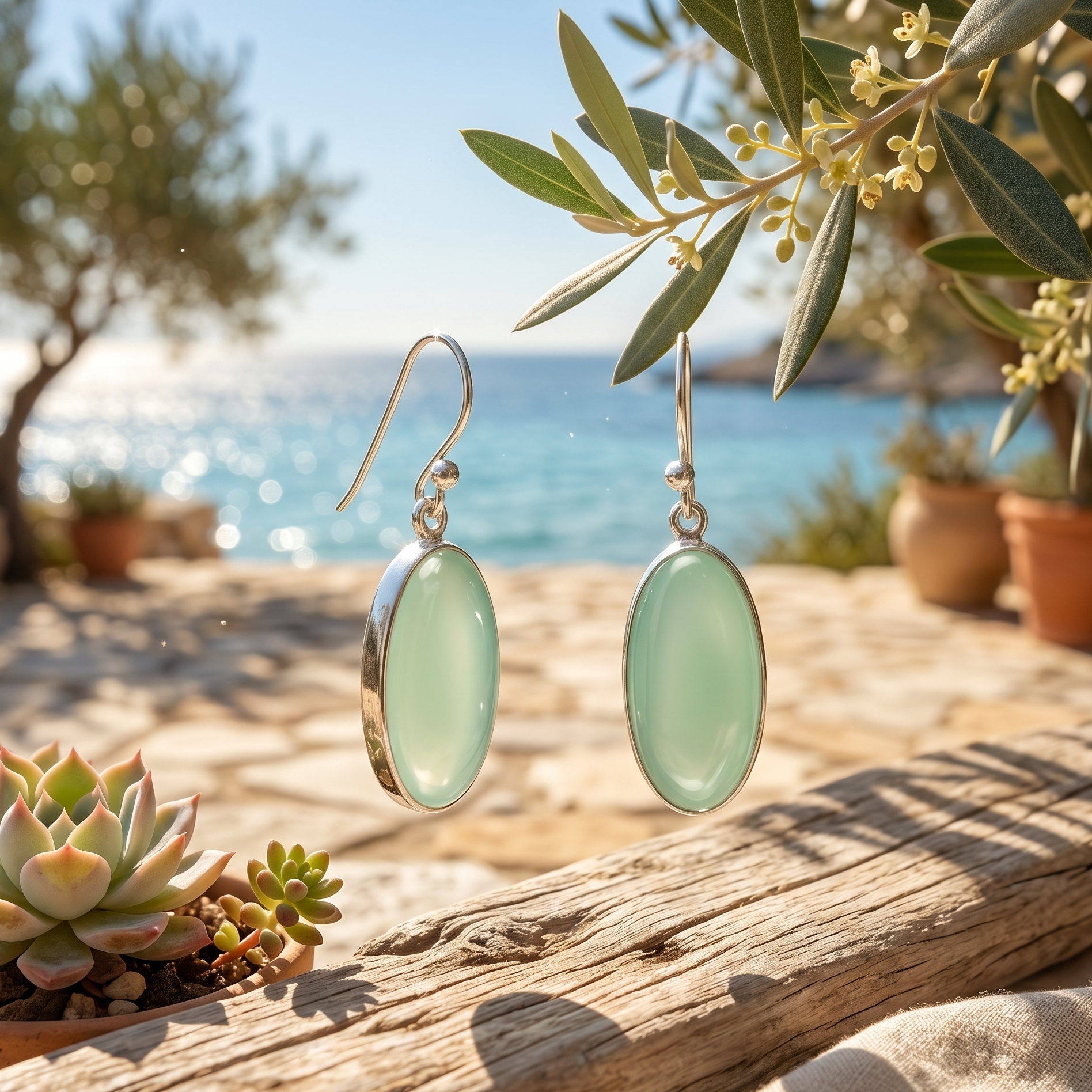 Green earrings on a wooden surface with a scenic background of trees and water.