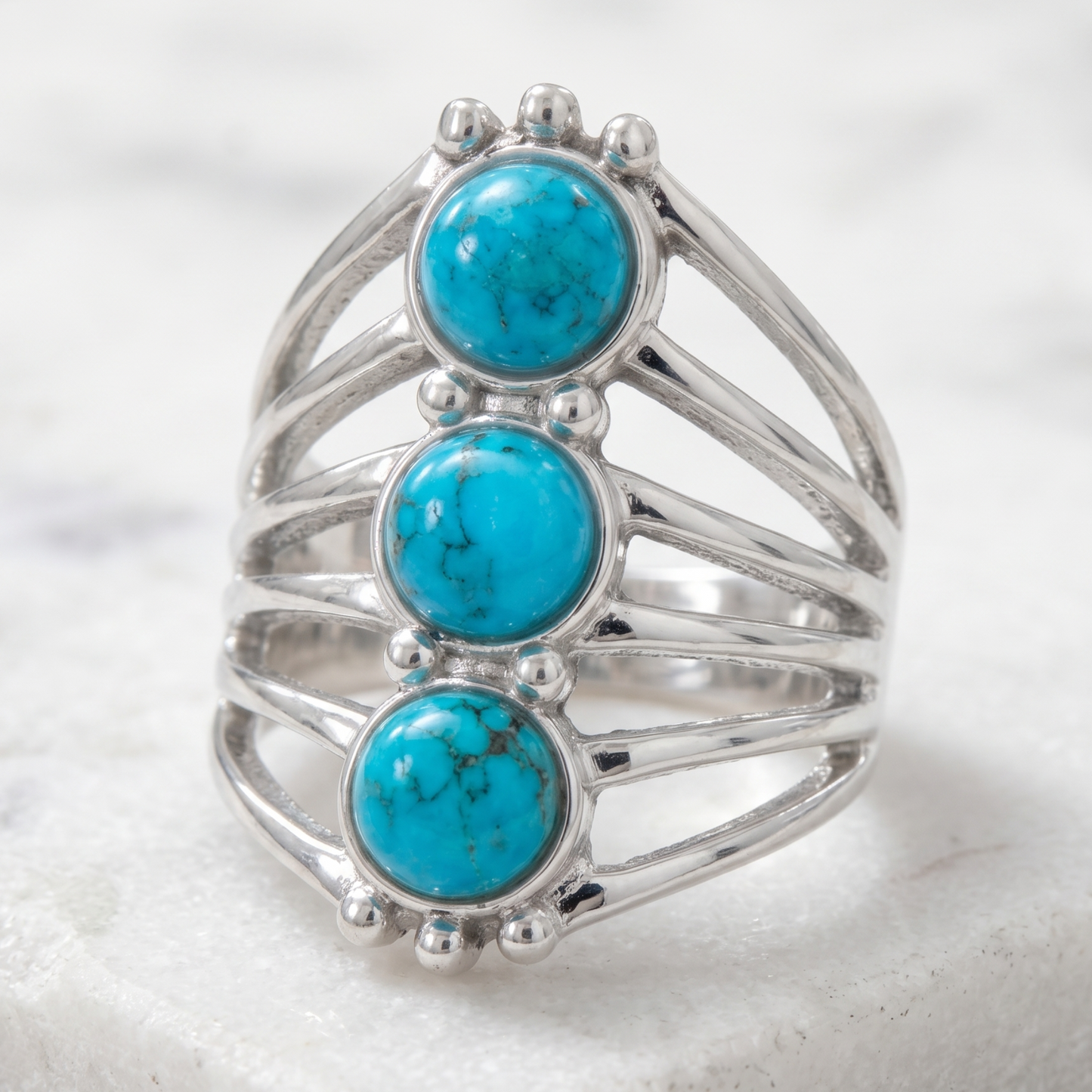 Polished Reconstituted Turquoise Ring 925 Sterling Silver Six Line Sizes 6-10