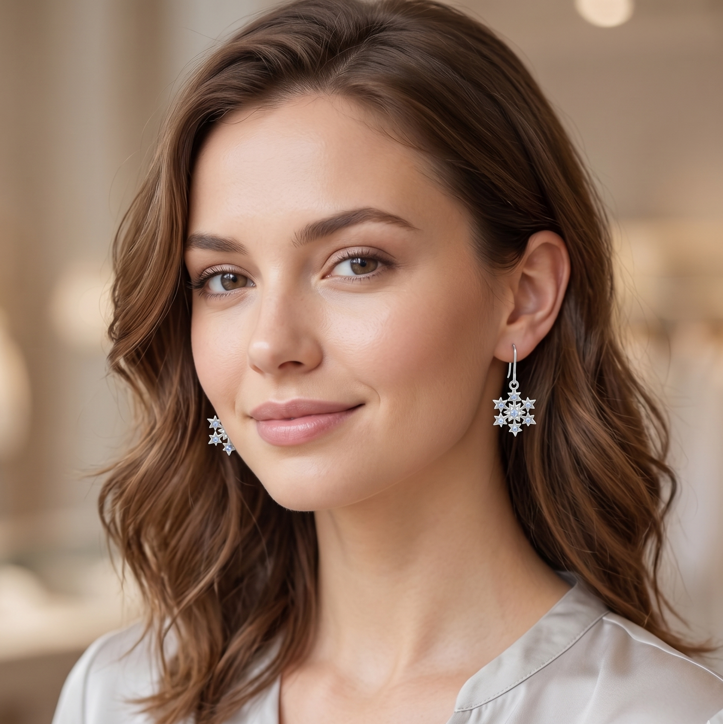 Aqua Crystal Snowflake Drop Earrings 925 Sterling Silver 11mm 25.5mm French Wire