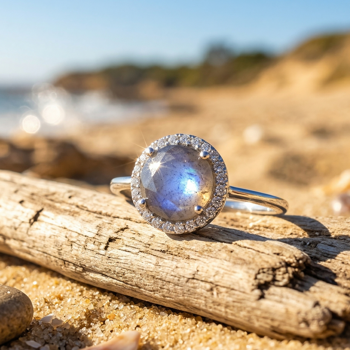 Labradorite CZ Halo Ring Rhodium Plated 925 Sterling Silver 7mm Stone Sizes 6-9