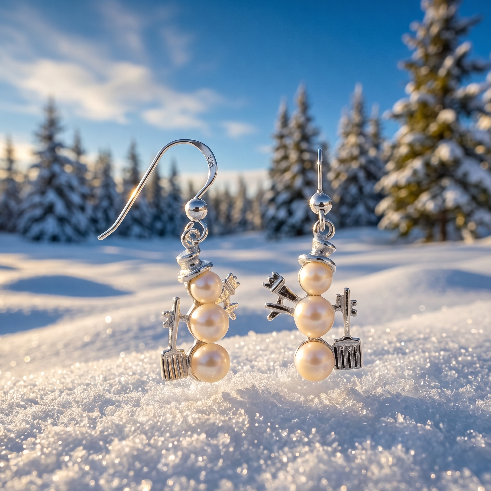 Snowman-shaped earrings on a snowy landscape with trees in the background