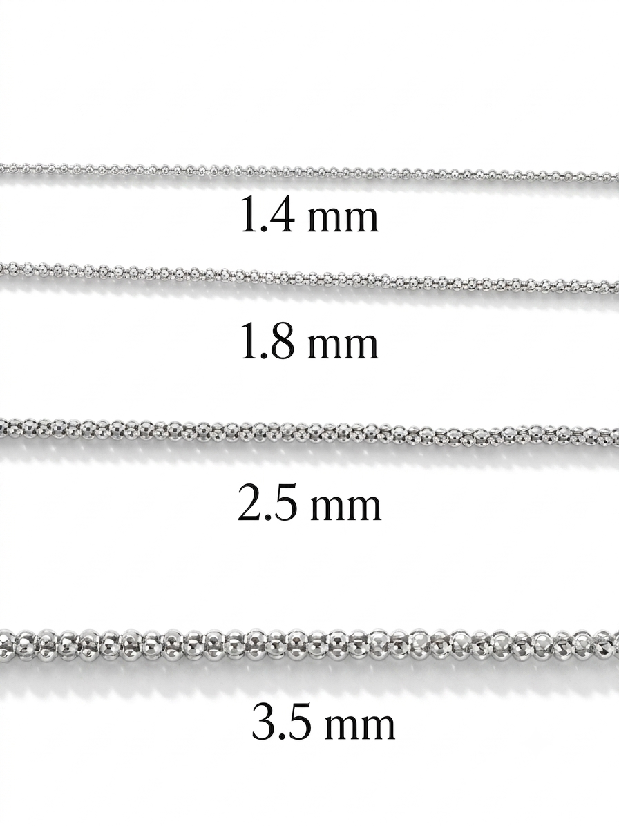 Popcorn Chain Necklace Rhodium Plated 925 Sterling Silver Italy 1.4-3.5mm