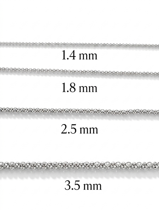 Popcorn Chain Necklace Rhodium Plated 925 Sterling Silver Italy 1.4-3.5mm