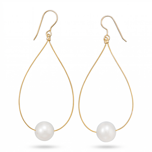 Freshwater Pearl Loop Drop Earrings 24K Gold Plated Cable Wire Gift Box 10.5mm