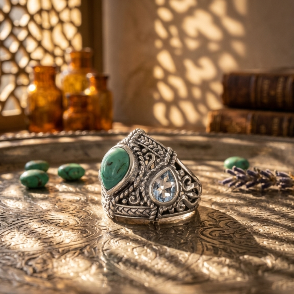 Silver ring with turquoise stone on an ornate metal surface