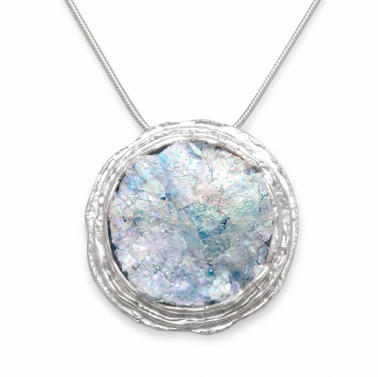 Ancient Roman Glass Textured Edge Necklace 925 Sterling Silver 20mm 18 Inch