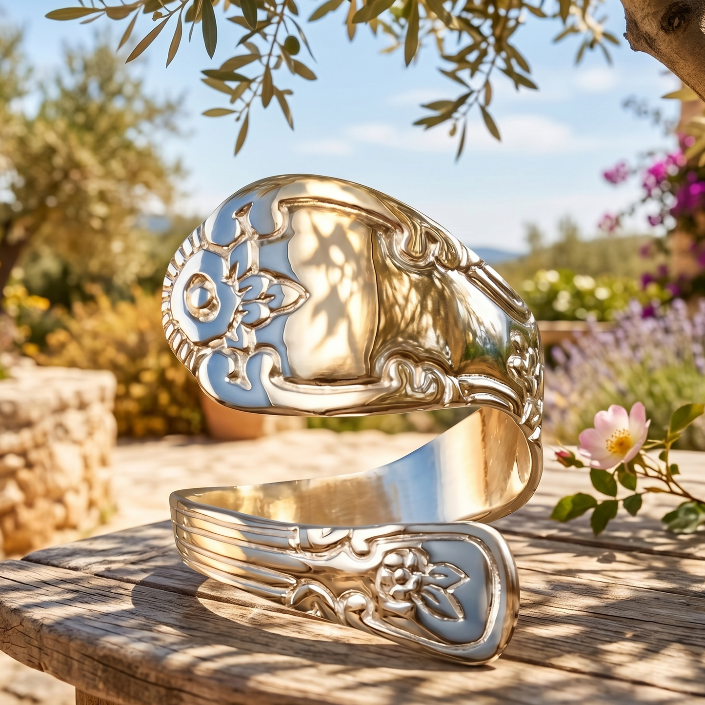 Two ornate silver bracelets on a wooden table with a natural outdoor background