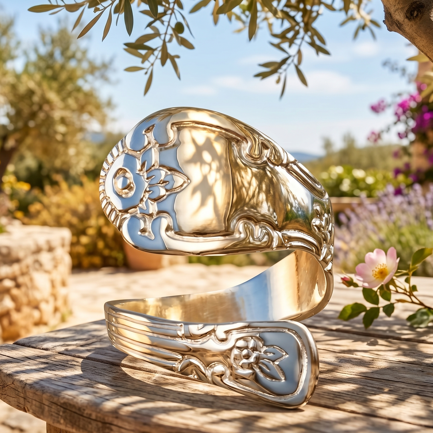 Two ornate silver bracelets on a wooden table with a natural outdoor background