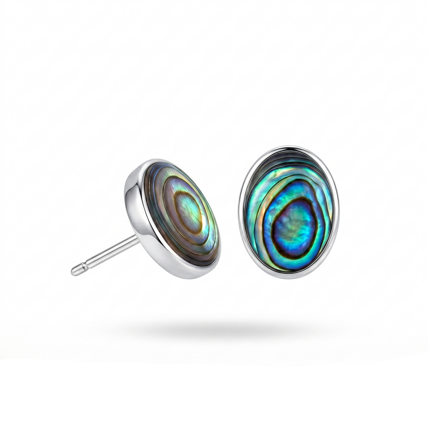 Pair of abalone shell stud earrings on a white background