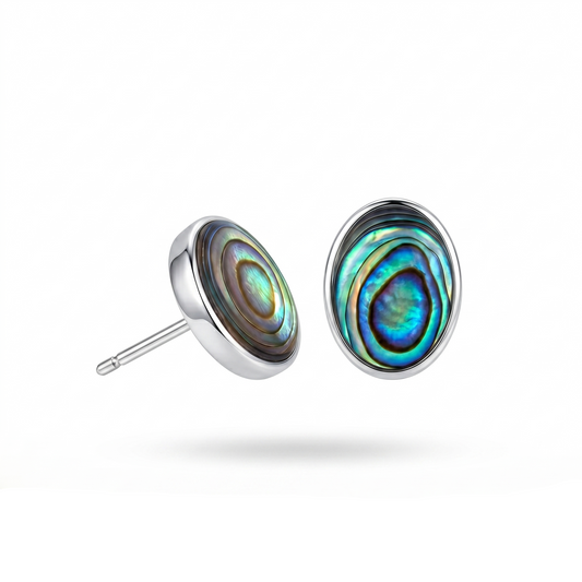 Pair of abalone shell stud earrings on a white background