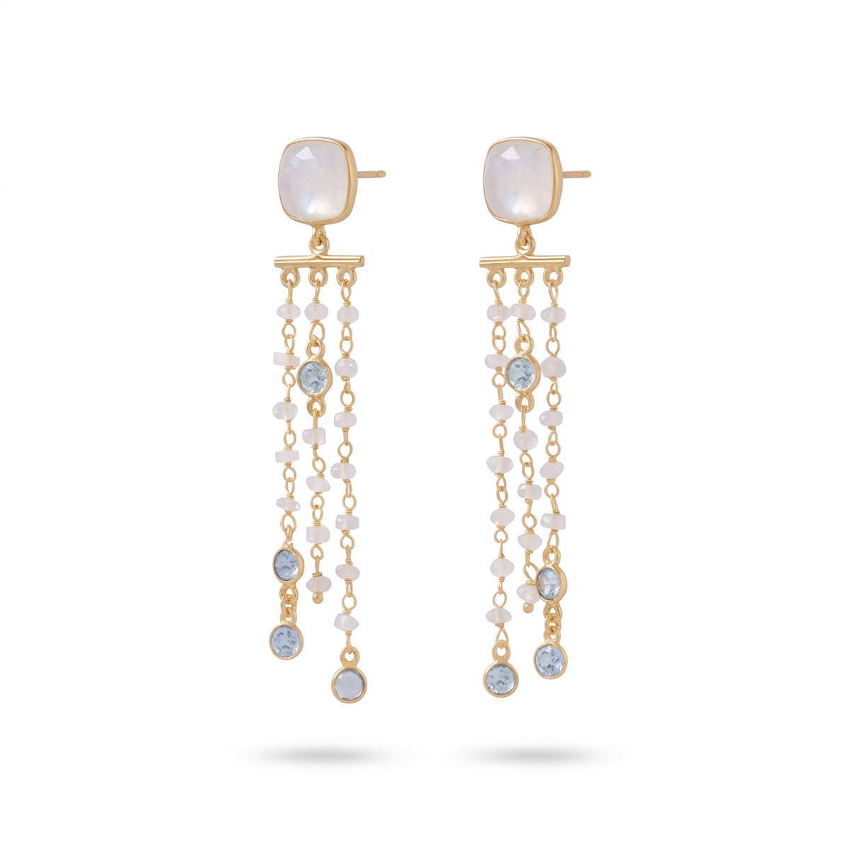 Rainbow Moonstone & Blue Topaz Chandelier Earrings 14K Gold Plated 925 Silver 72mm