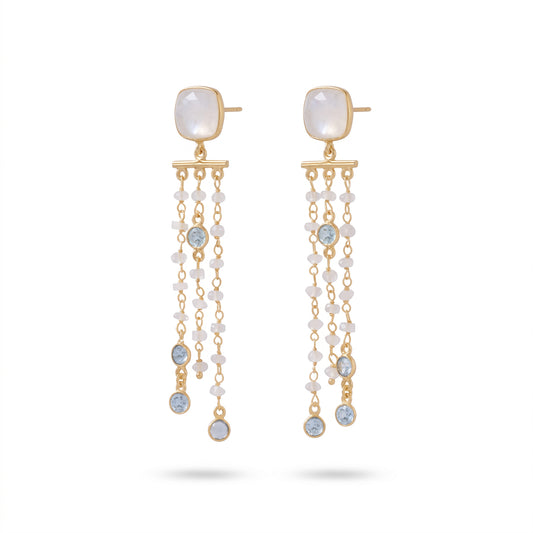 Rainbow Moonstone & Blue Topaz Chandelier Earrings 14K Gold Plated 925 Silver 72mm