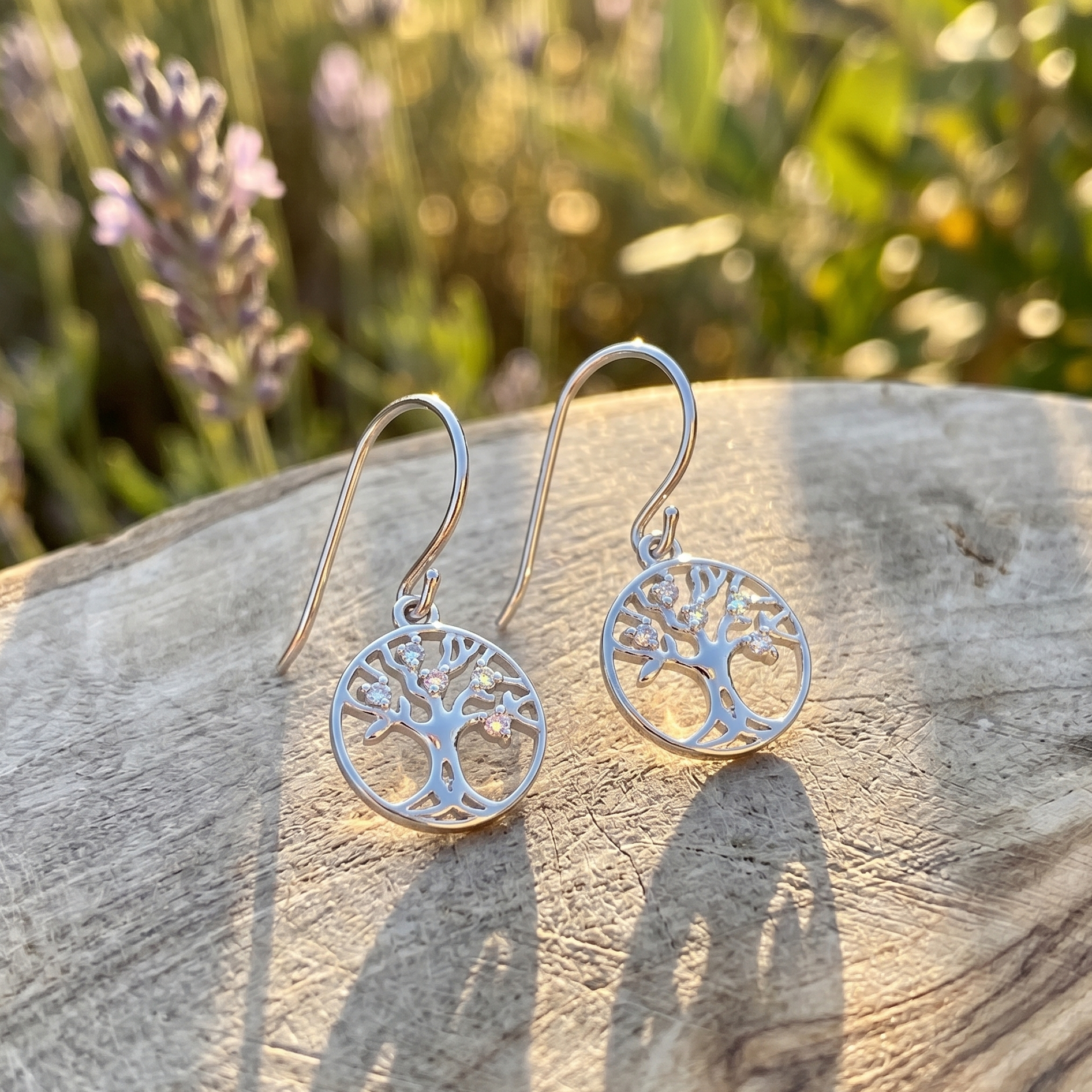 Silver tree of life earrings on a wooden surface with a natural background