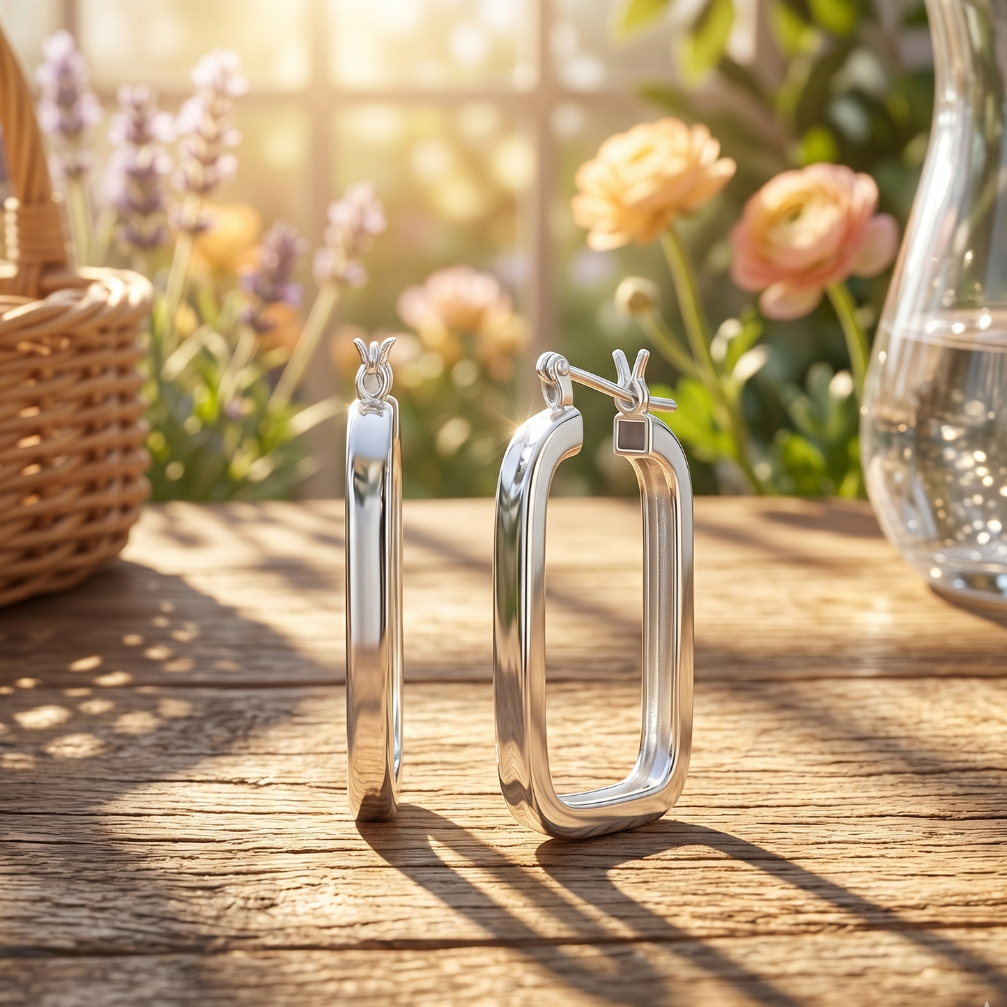 Silver hoop earrings on a wooden surface with flowers in the background