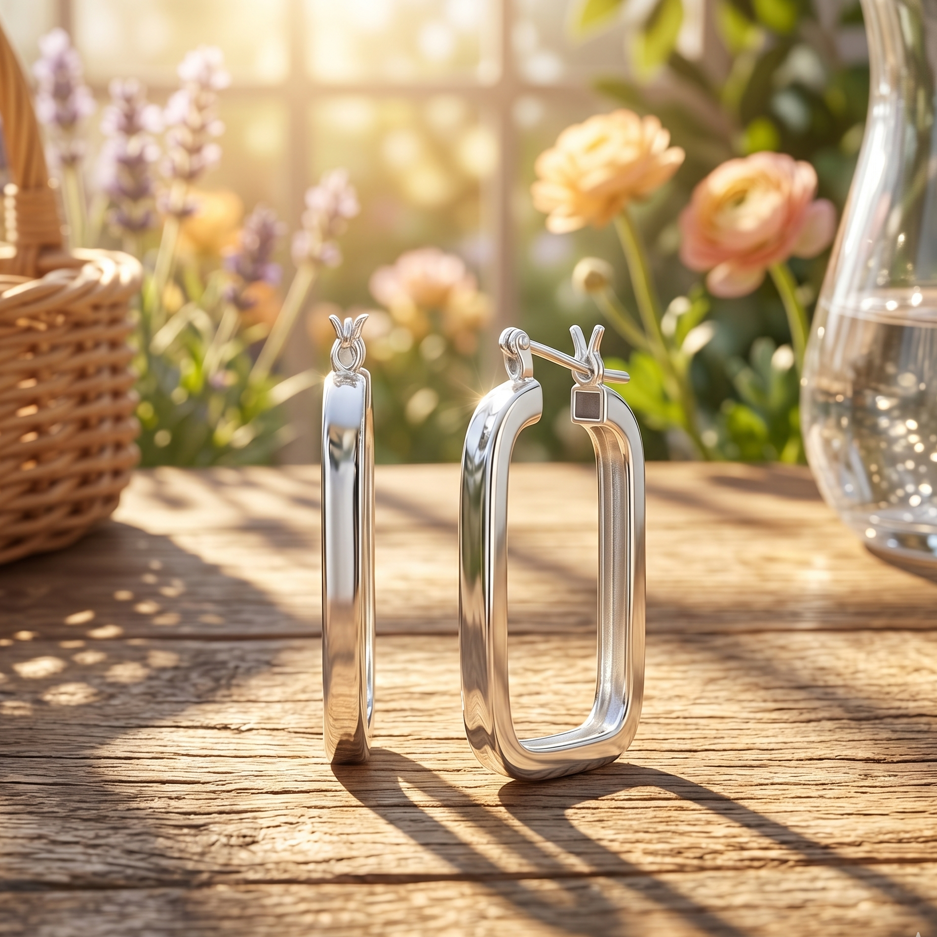 Silver hoop earrings on a wooden surface with flowers in the background