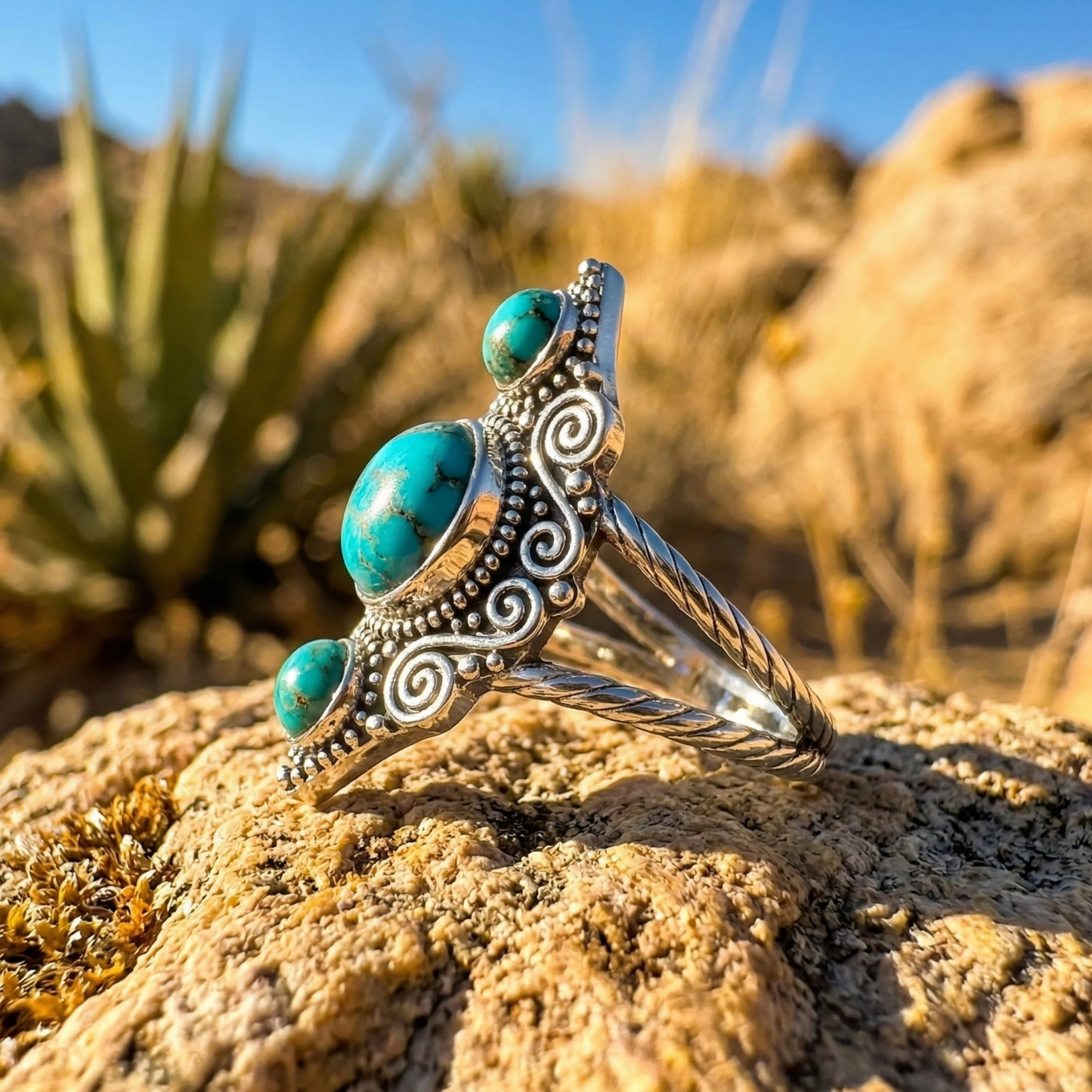 Triple Turquoise Scroll Ring Oxidized 925 Sterling Silver Double Band Sizes 6-9