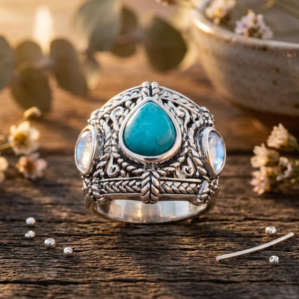 Silver ring with turquoise stone on a wooden surface with flowers and leaves.