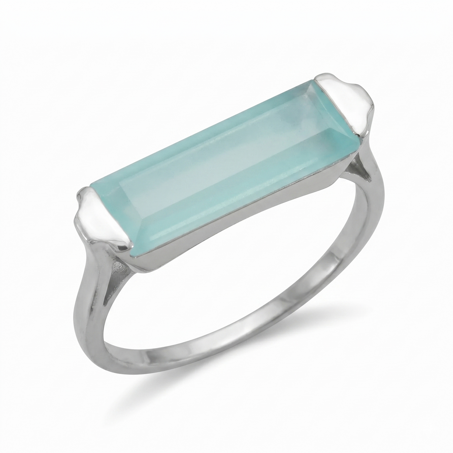 Serene Green Chalcedony Bar Ring 925 Rhodium Silver Delicate 1.5mm Band