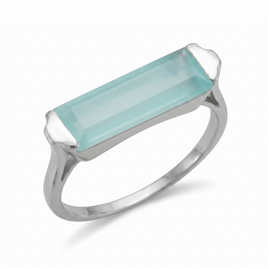 Serene Green Chalcedony Bar Ring 925 Rhodium Silver Delicate 1.5mm Band