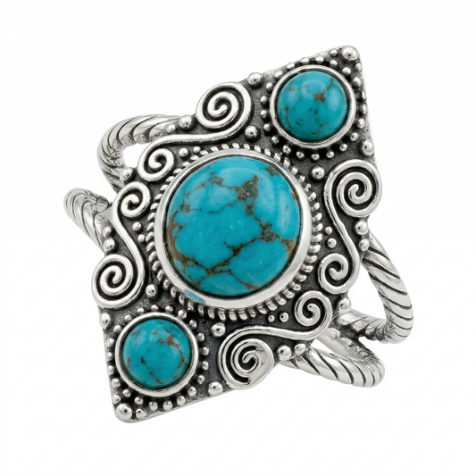 Triple Turquoise Scroll Ring Oxidized 925 Sterling Silver Double Band Sizes 6-9