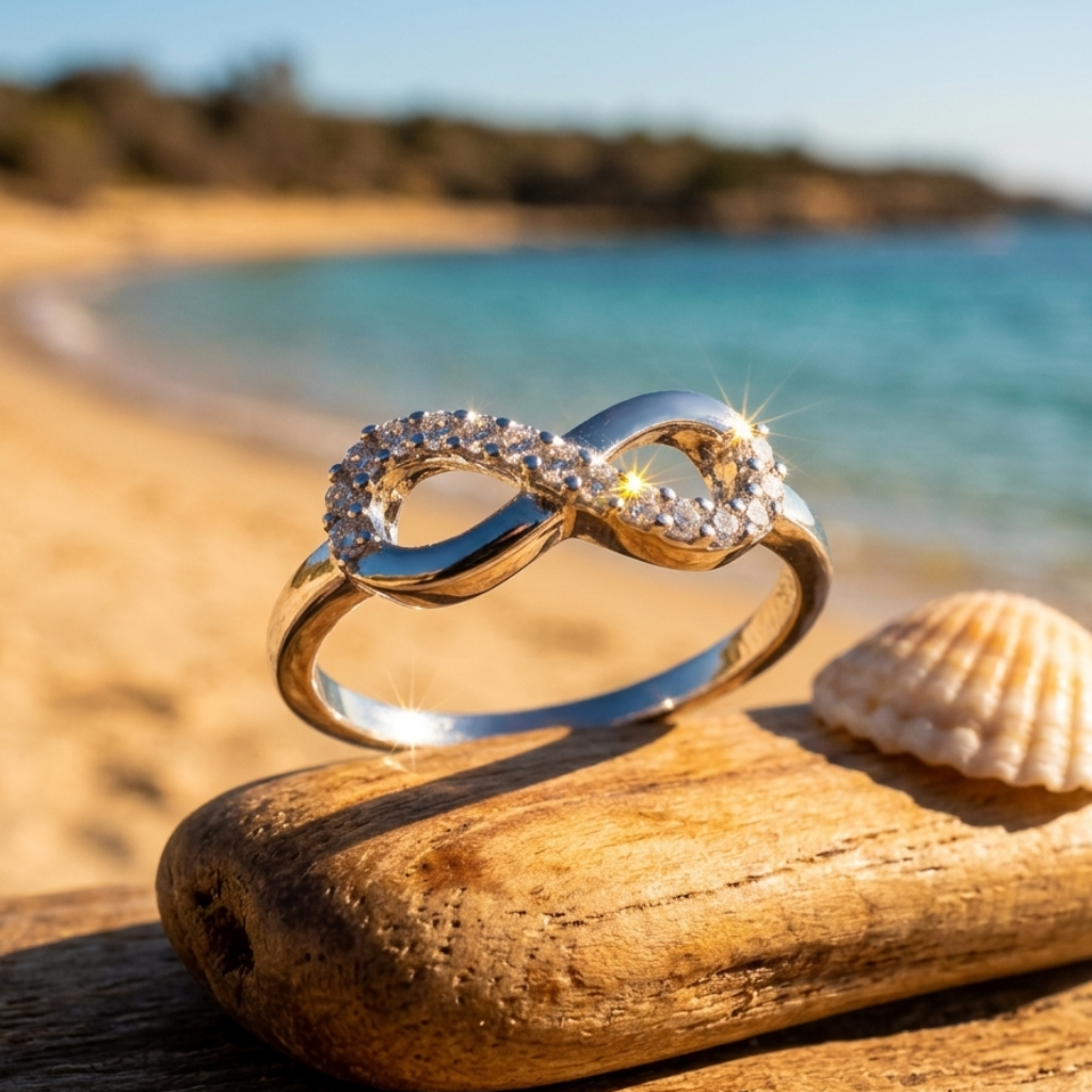 Silver infinity ring on a wooden log with a shell and beach background