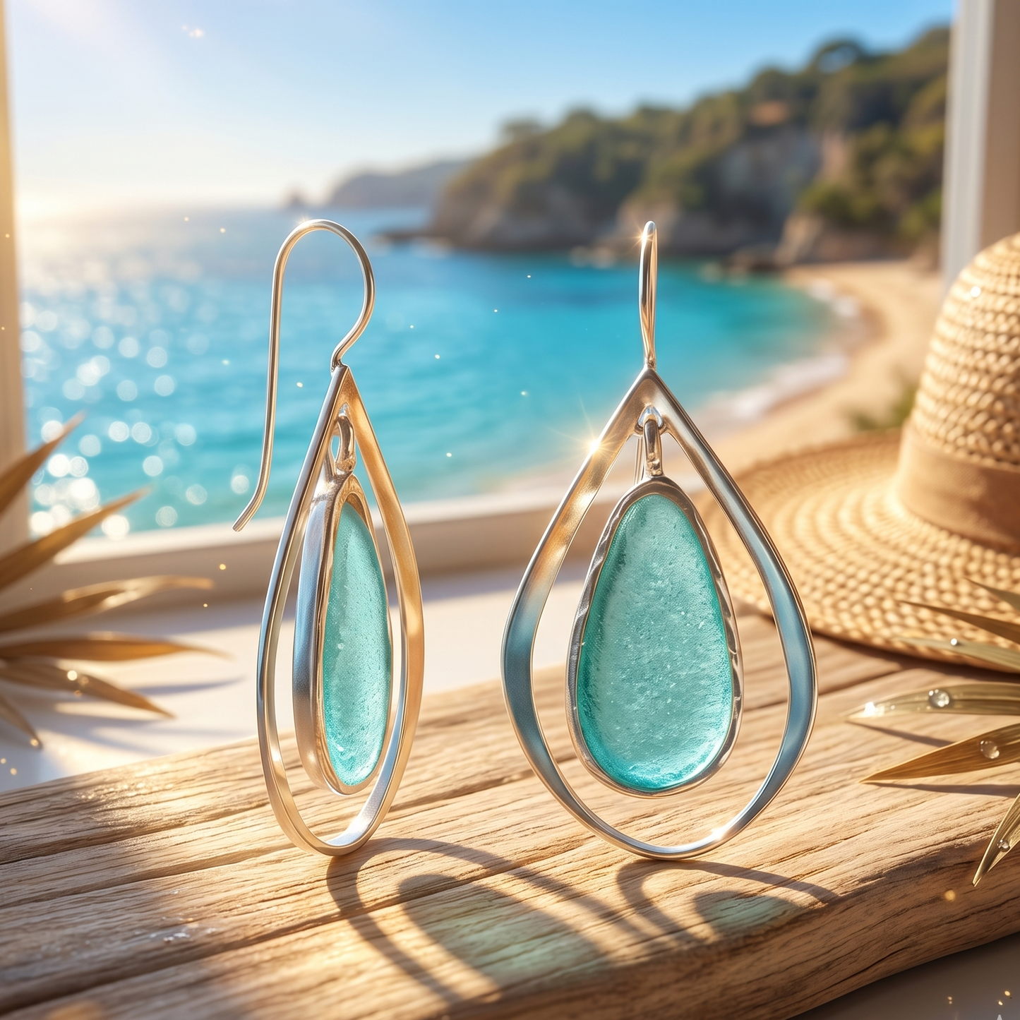 Teal earrings with silver loops on a wooden surface with a beach view in the background