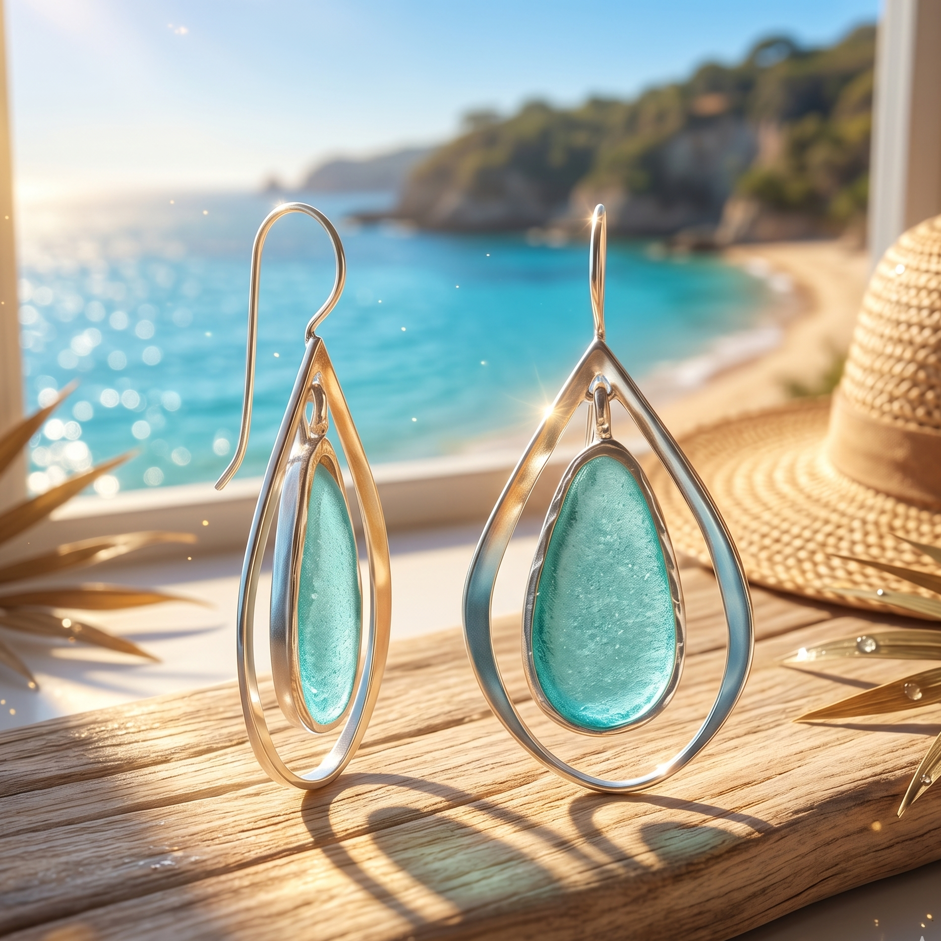 Teal earrings with silver loops on a wooden surface with a beach view in the background
