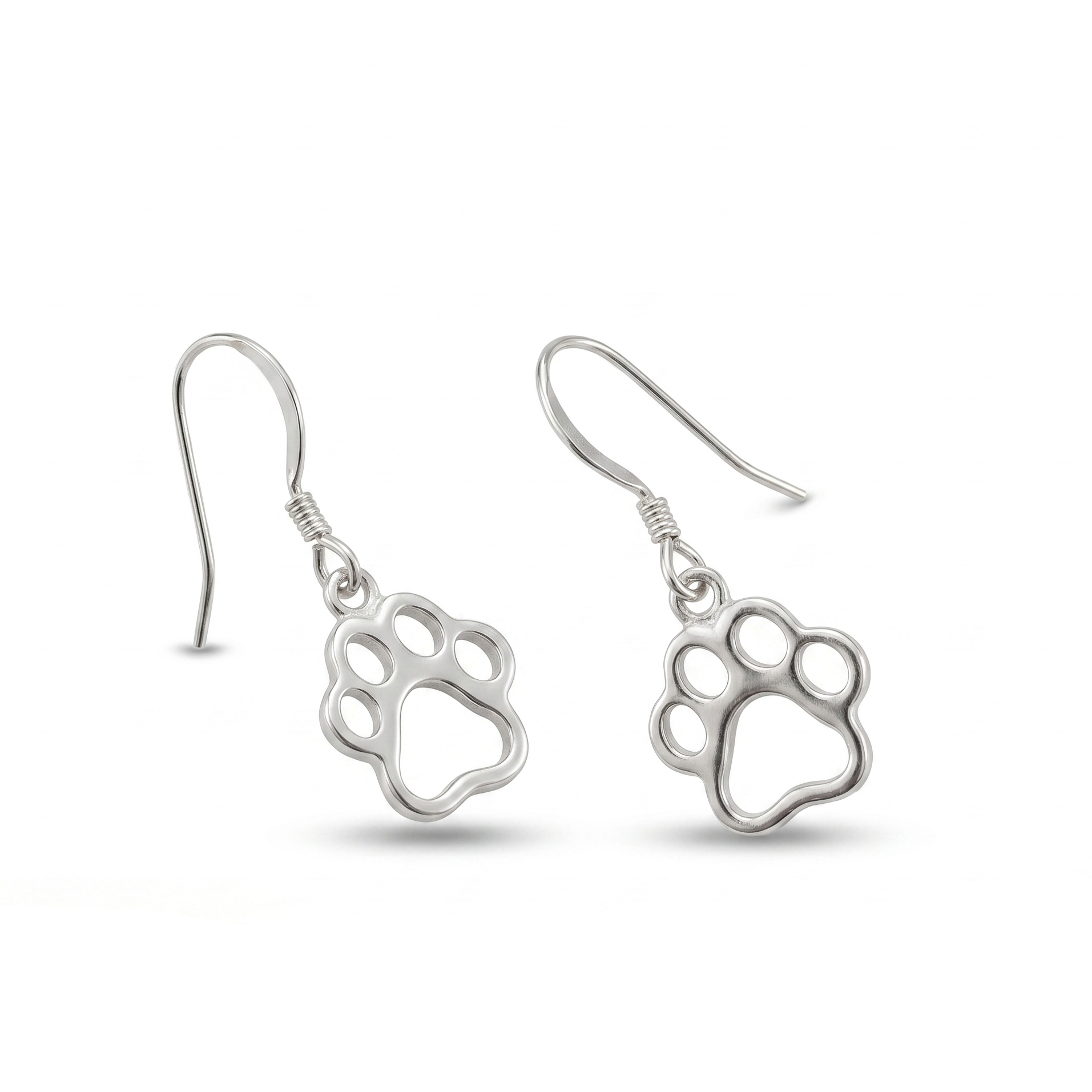 Silver paw print earrings on a white background with a wooden log and butterfly at the bottom.