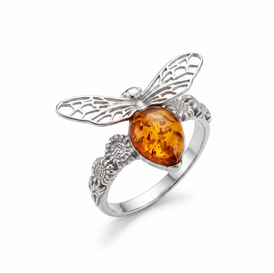 Baltic Amber Honey Bee Flower Ring 925 Sterling Silver 9x7.5mm Sizes 6-9