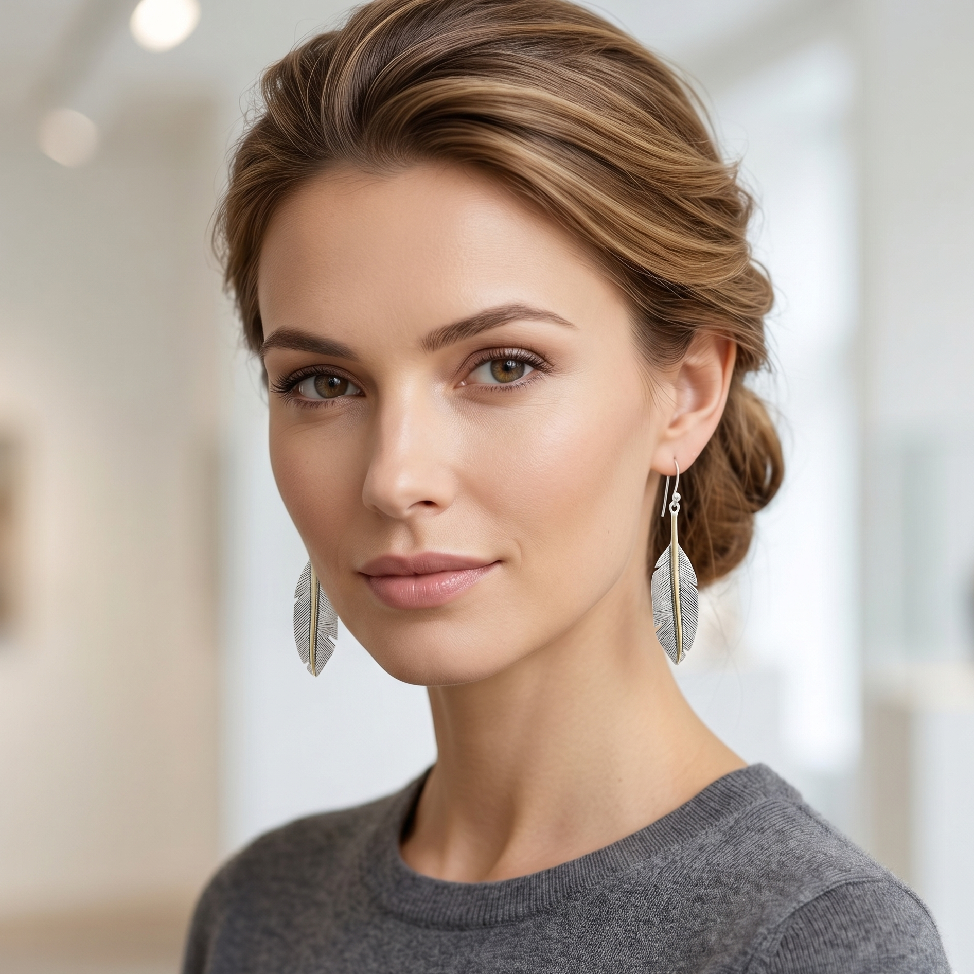 Woman wearing silver earrings with a blurred indoor background