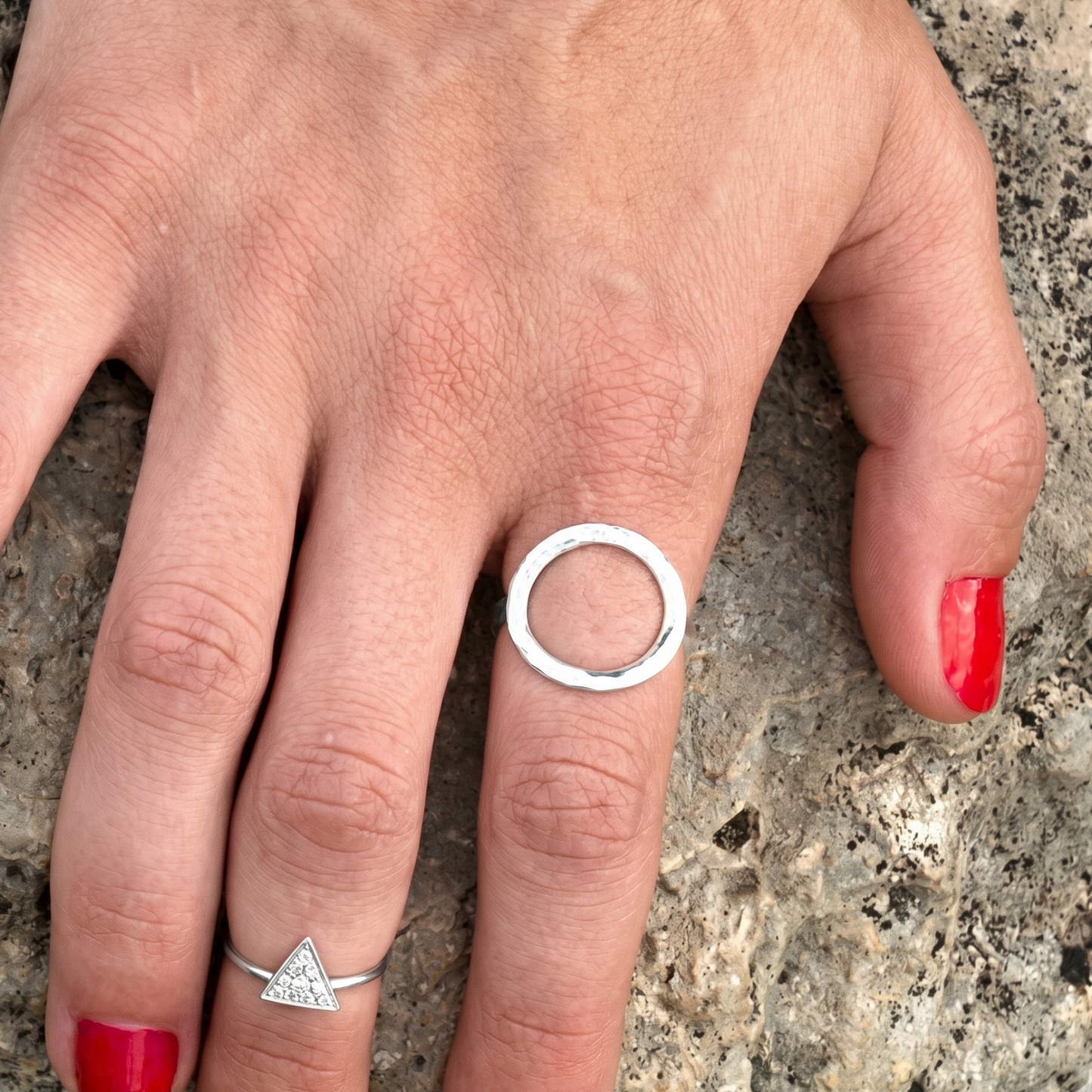 Open Circle Ring 925 Textured Sterling Silver 17mm Geometric Statement