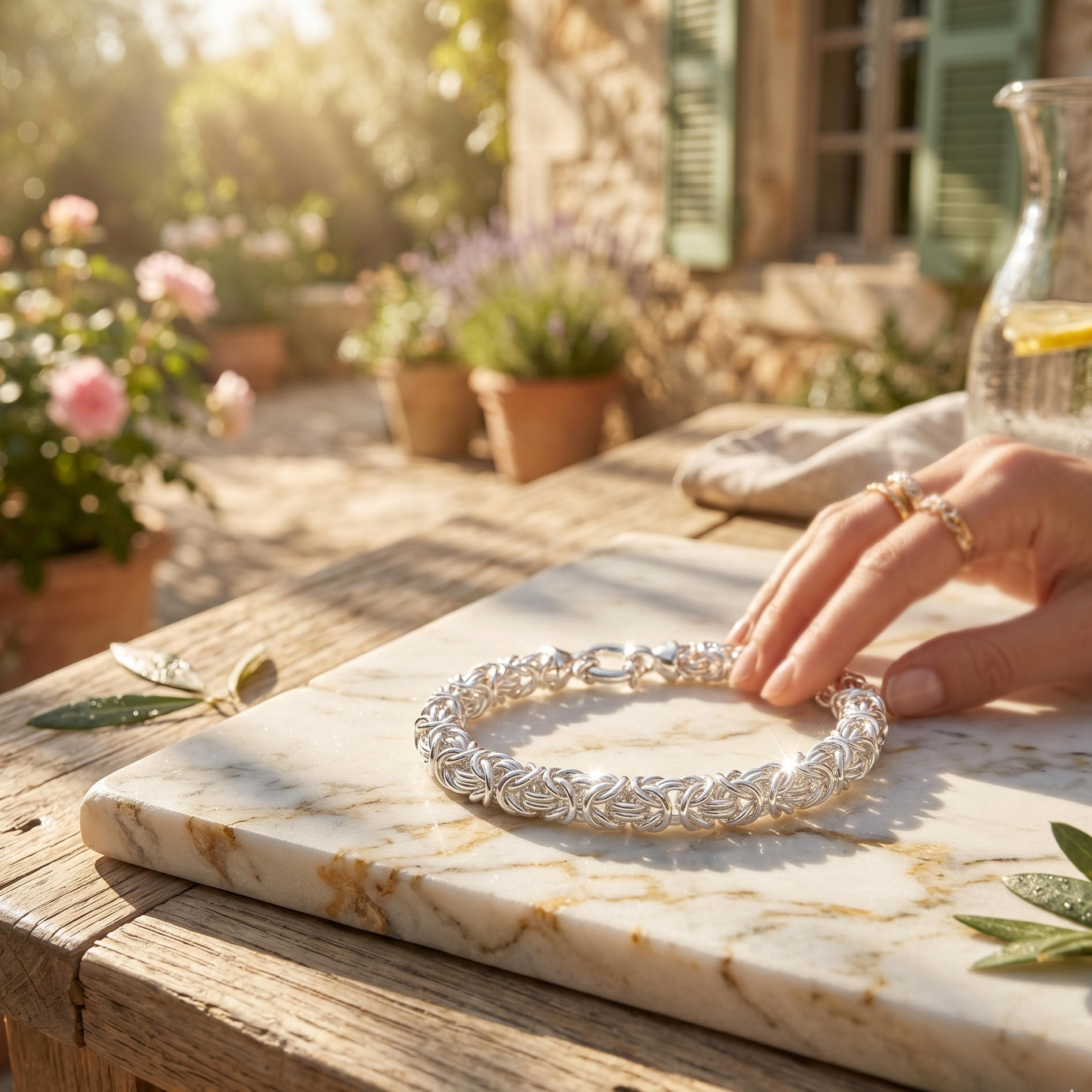 Silver bracelet on a marble slab with a garden and building in the background