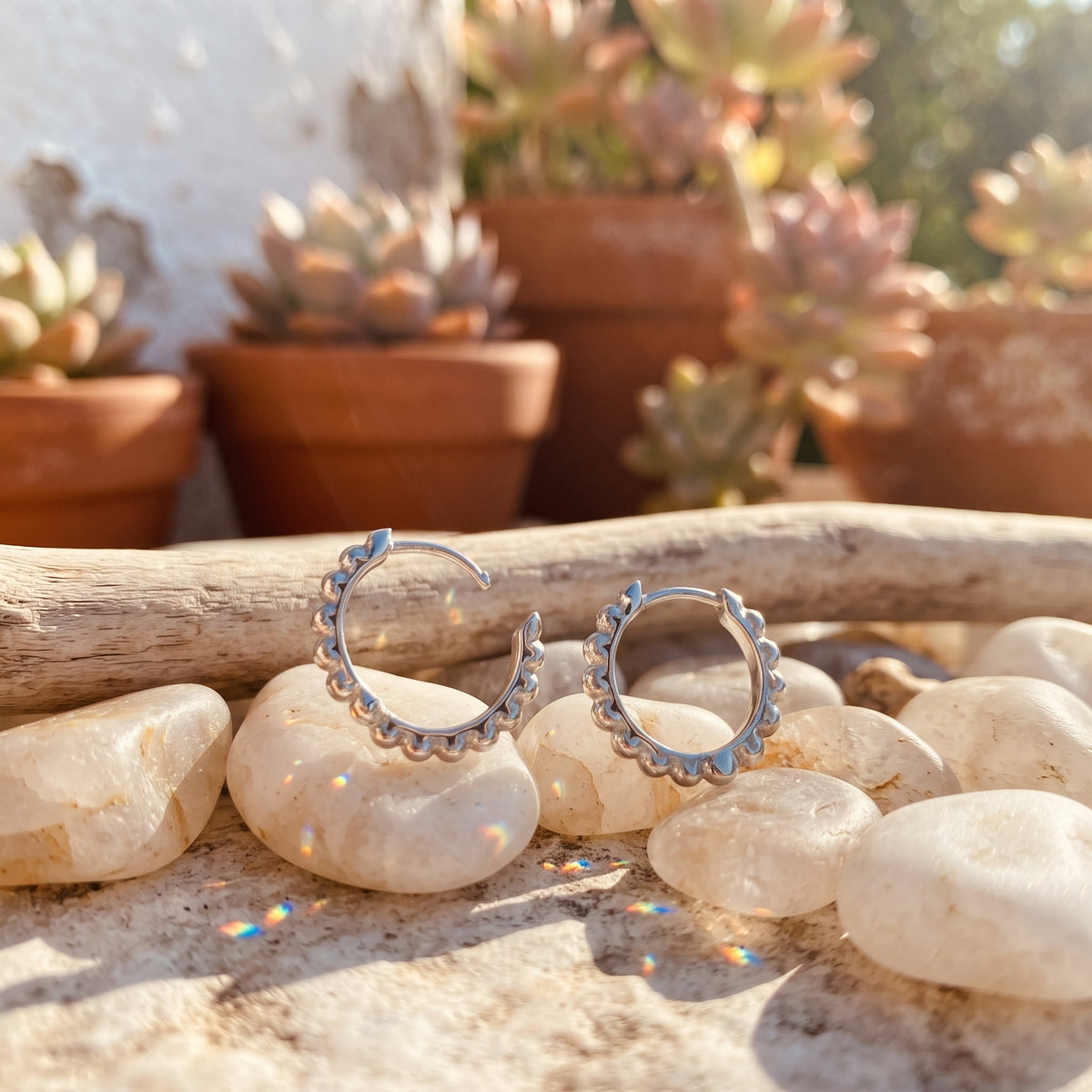Beaded Hinged Hoop Earrings Rhodium Plated 925 Sterling Silver 14.5mm