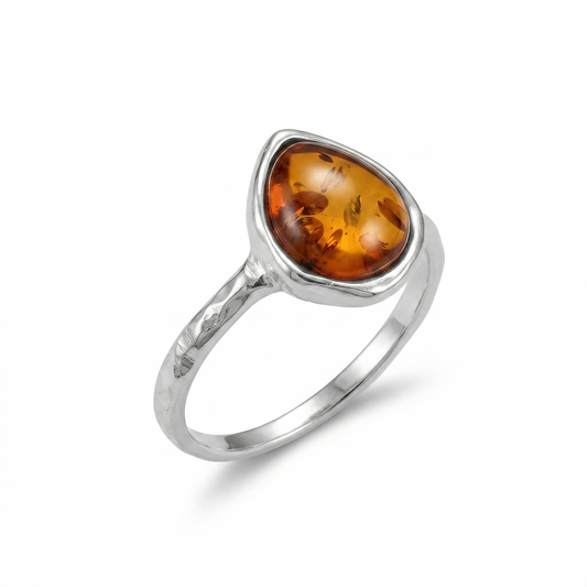 Hammered Pear Baltic Amber Ring 925 Sterling Silver 8.8x7.9mm Poland Sizes 5-10