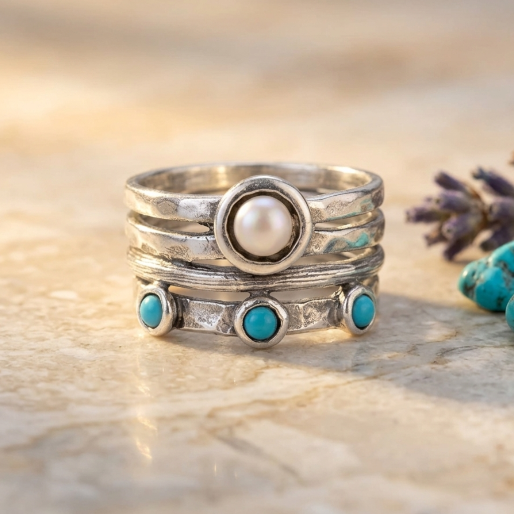 Silver ring with a pearl and turquoise stones on a wooden surface with lavender.