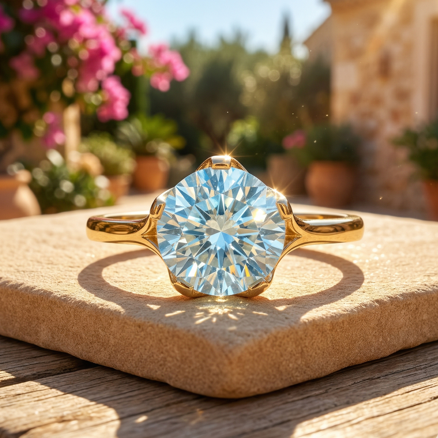 Precision Cut Sky Blue Topaz Ring 14K Gold 9mm Openwork Setting Sizes 6-8