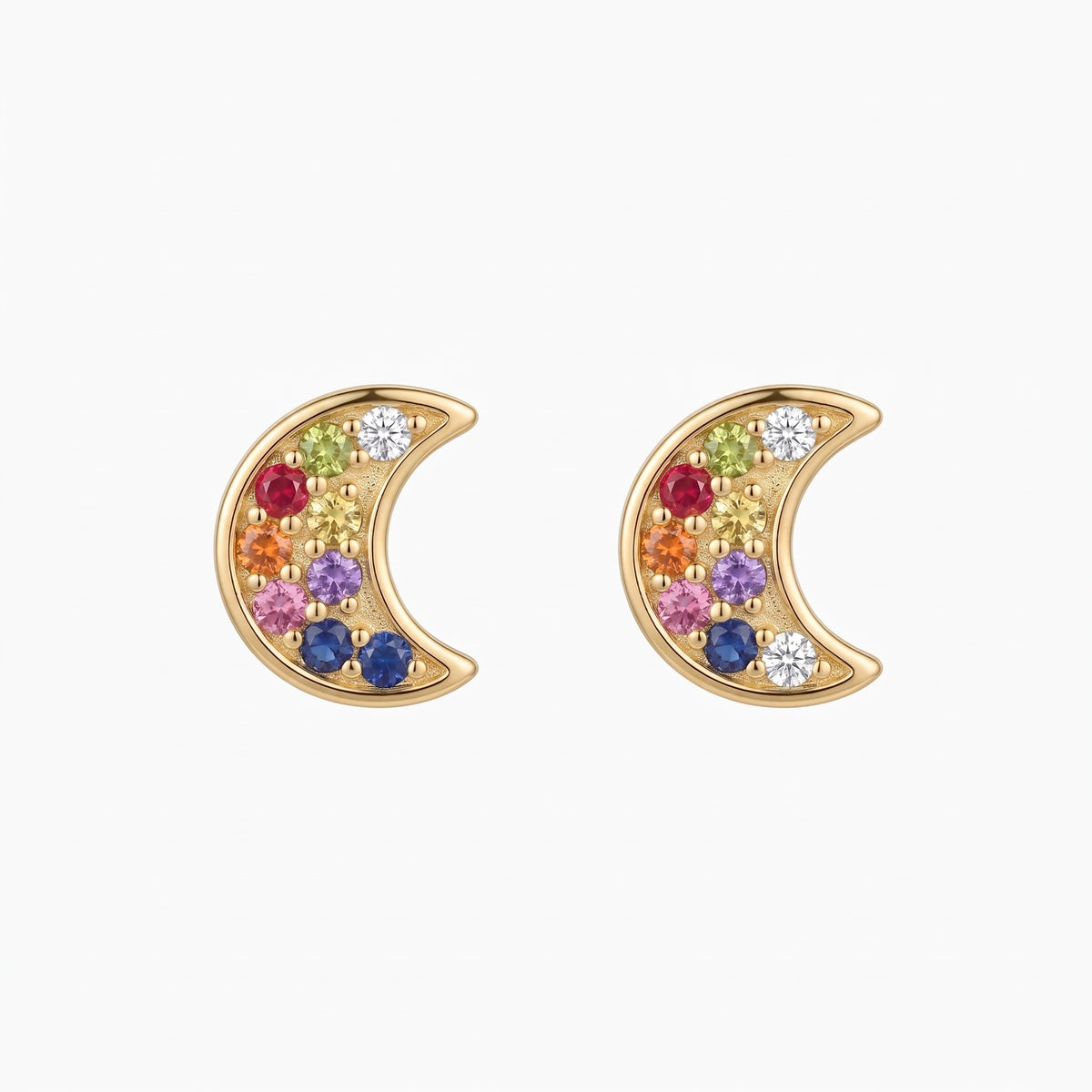 Rainbow CZ Crescent Moon Stud Earrings 14K Gold Plated 925 Sterling Silver