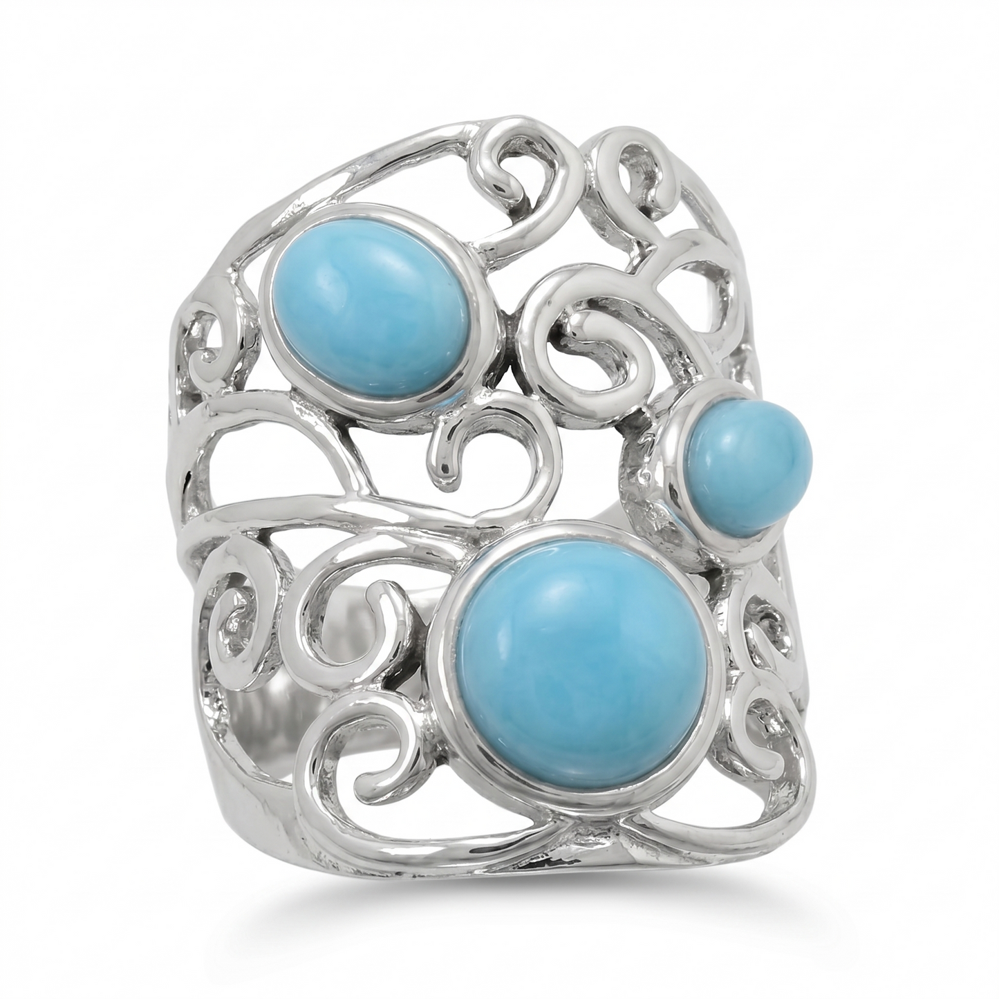 Polished Larimar Ring 925 Sterling Silver Triple Stone Cutout Wave Sizes 6-10