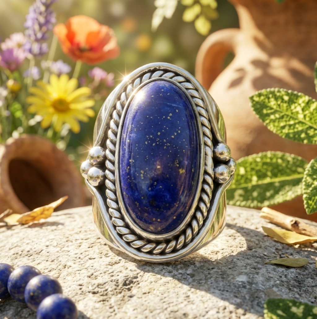 Silver ring with a blue stone on a stone surface with flowers and leaves in the background