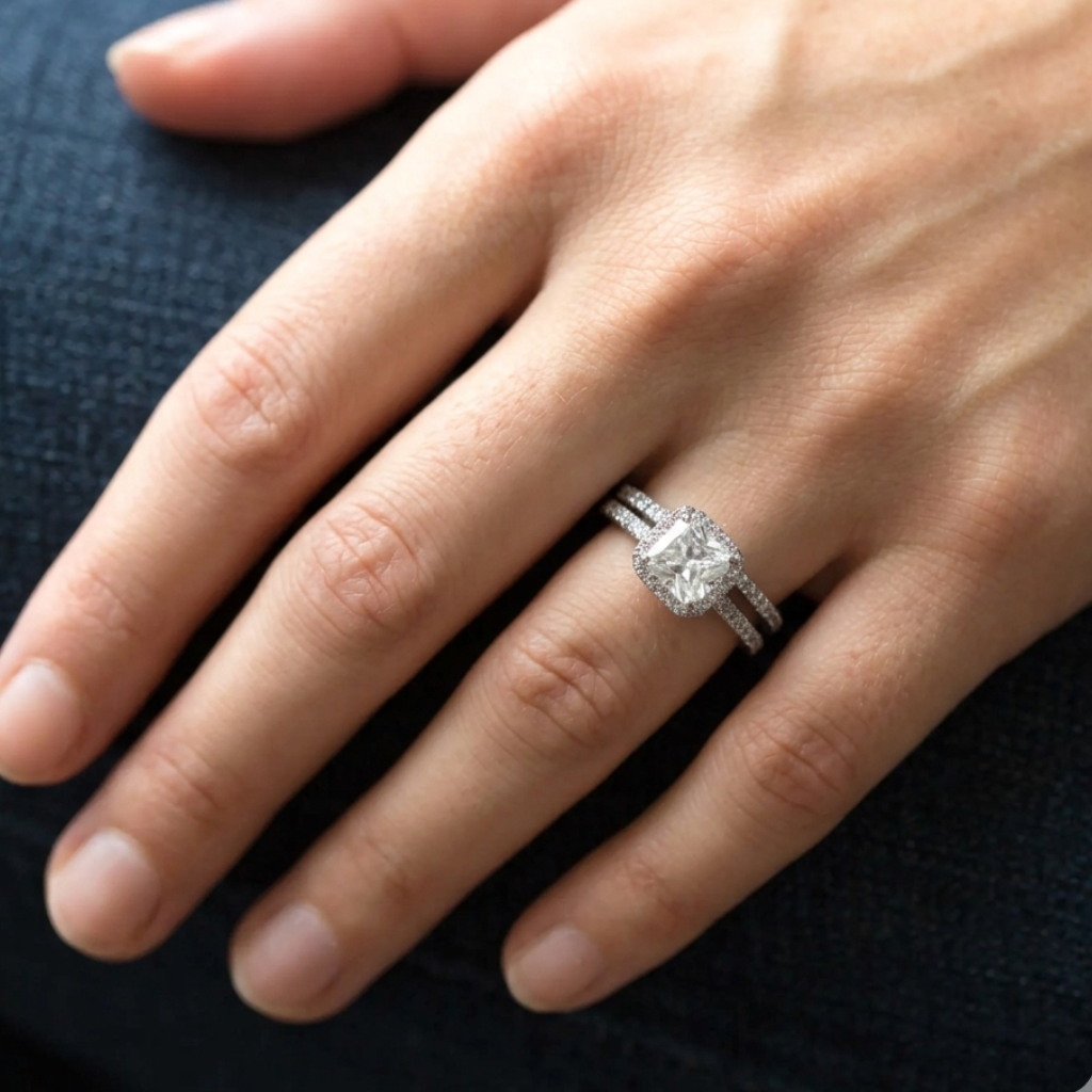 Close-up of a hand wearing a diamond ring on a dark fabric background