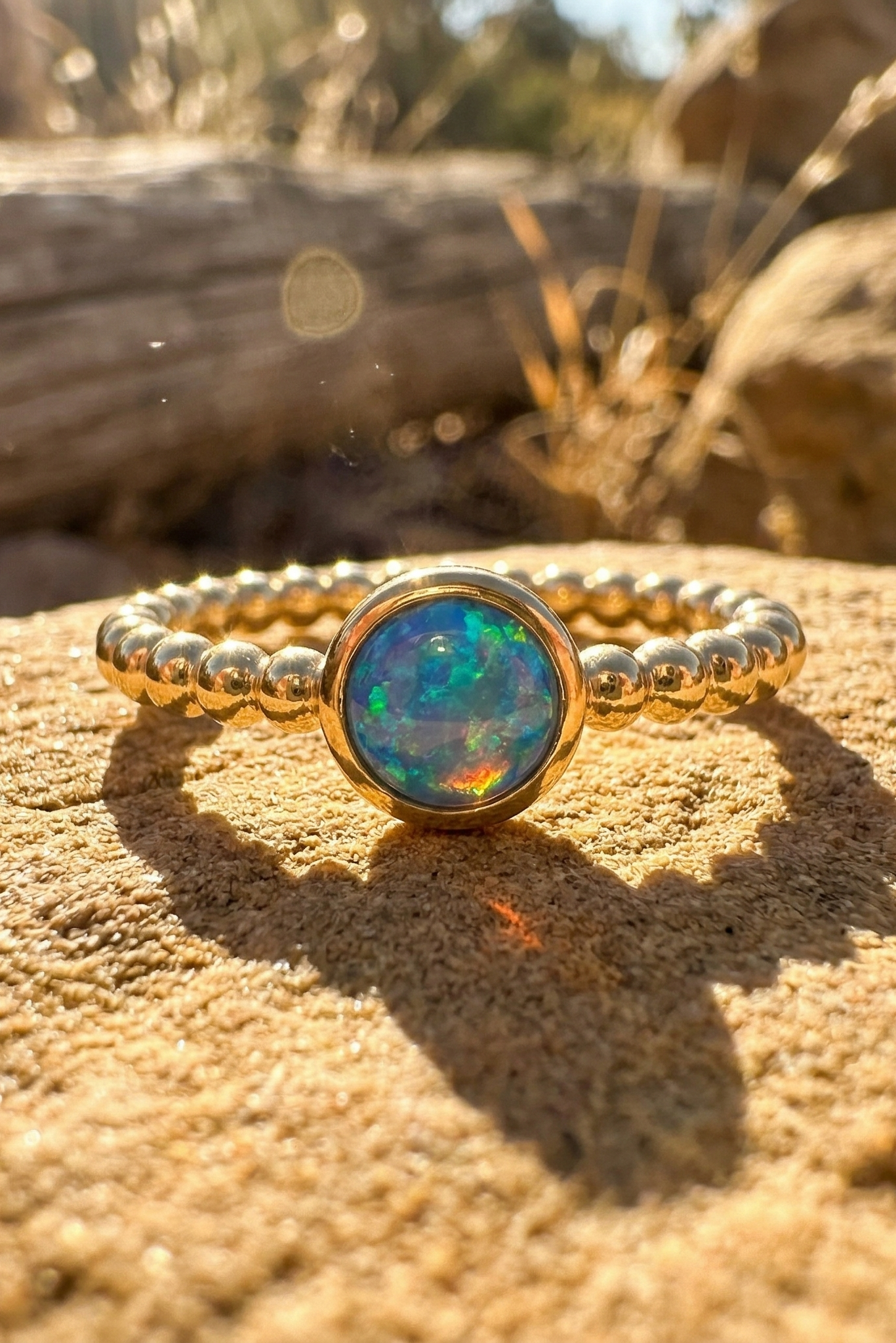Blue Opal Ring 14K Gold Plated 925 Silver 5mm Round Bead Band Sizes 6-9