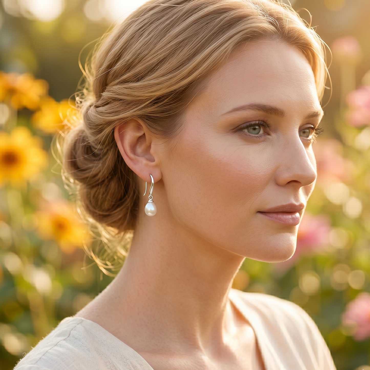 Woman with styled hair and earrings in a garden setting