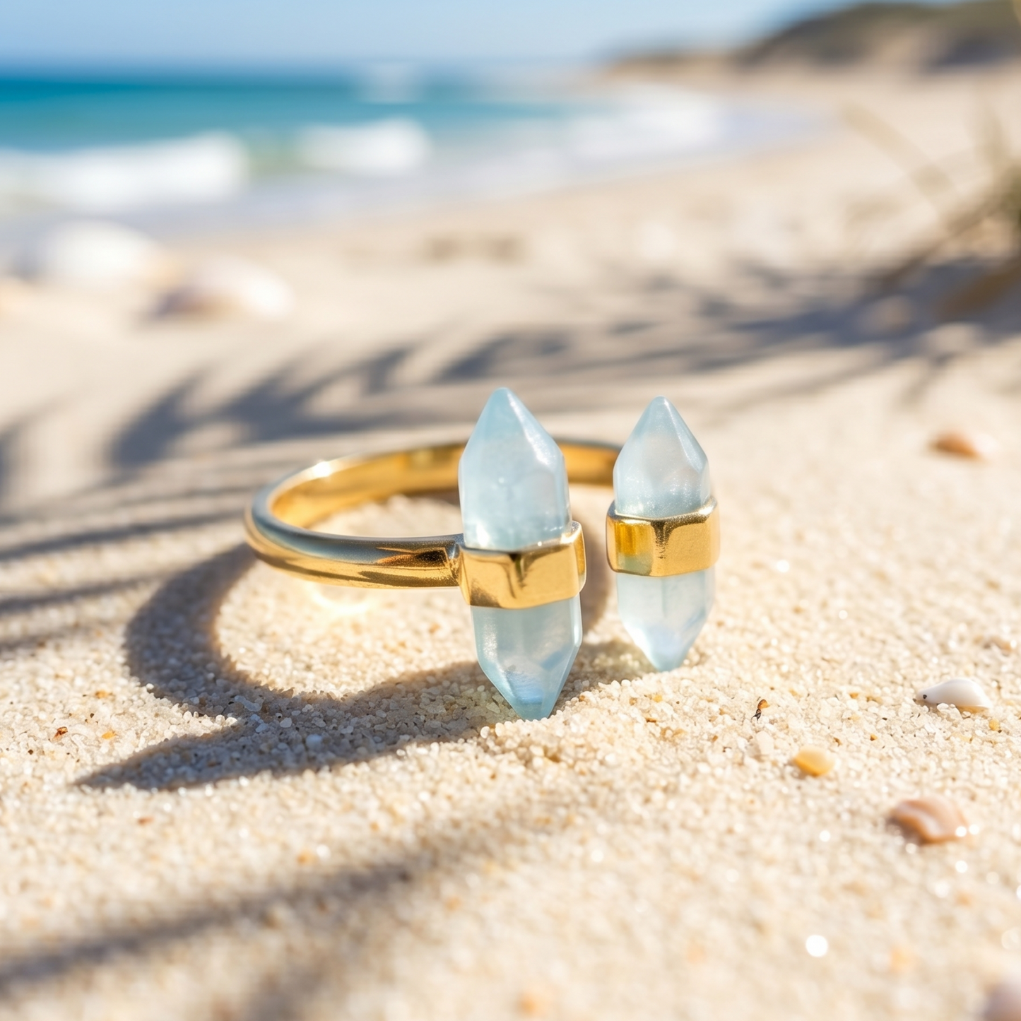 Double Spike Aqua Chalcedony Ring 925 14K Gold Plated Pencil Cut Sizes 5-9